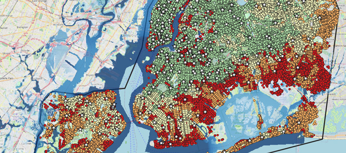Map view centered over New York City with areas marked by red dots to highlight disruptions in services during a flood.