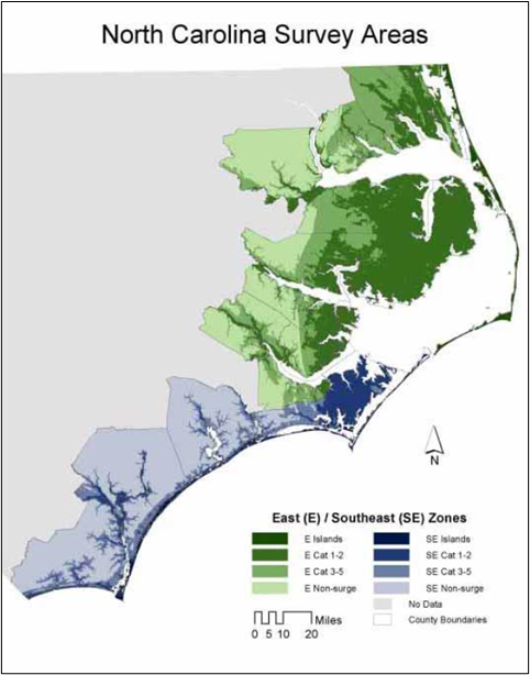 A partial map image titled North Carolina Survey Areas. A key shows East and Southeast Zones from deep green to pale, and deep blue to pale. Green zones stretch across the top of the mape and blue at the bottom.