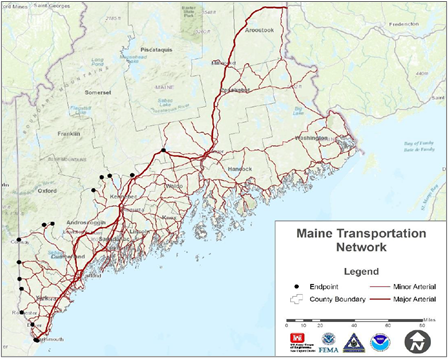 A map with the inset key titled Maine Transportation Network. The legend shows a black dot for Endpoint, thin red line for Minor Arterial, thick red line for Major Arterial, and then black line for County Boundary. A network of thin and thick red lines show transportation routes. Logos are on the bottom of the legend for USACE, FEMA, ?, NOAA, and City of Orinda.