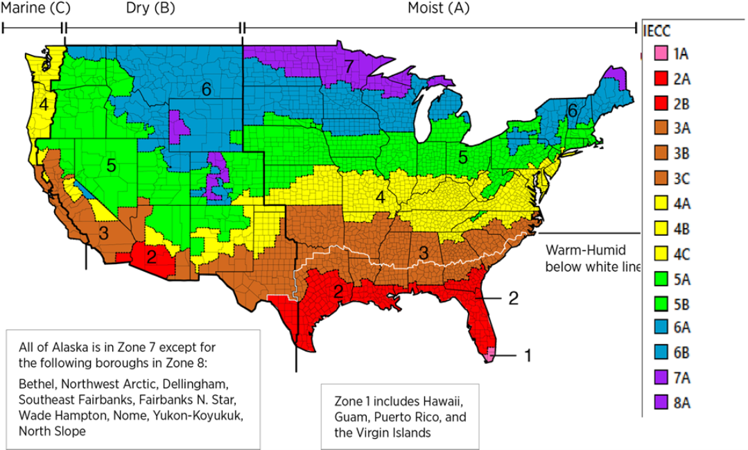 Map of USA showing color coded zones from 1A to 8A.