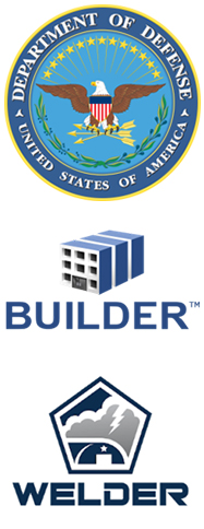 Three logos arranged vertically. From the top is the seal for the USA Department of Defense with the eagle in the center, then the Builder logo with blocks. Below is the Welder logo with a pentagram shape with deep blue and grey shapes inside.