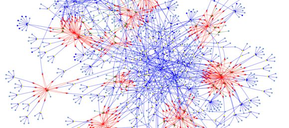 Image of a network diagram of blue and red lines with dots of blue, red, yellow and green.