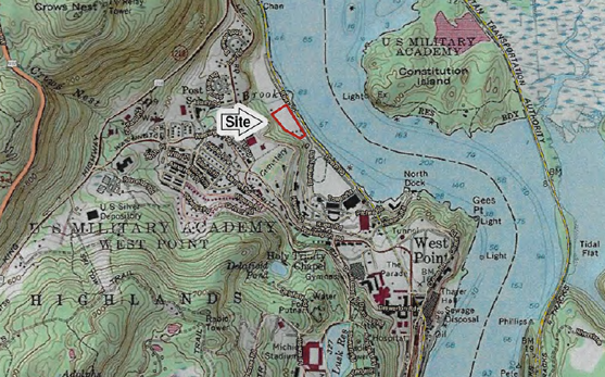 Map drawing of US Military Academy West Point with Site flagged by a red outline on the west bank of the Hudson River across from Constitution Island.